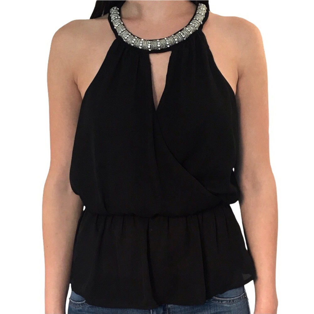 HAVE Black Peplum Blouse Size S Rhinestones Beads Neckline Cross-Over Front